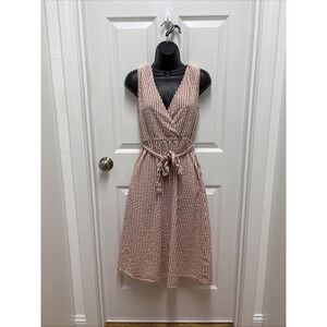 Women's Sleeveless Wrap Dress‎ Red White Striped Midi Tie Waist Sundress